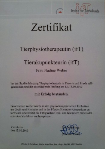 Zertifizierte Tierphysiotherapeutin Nadine Weber Zertifizierte Tierphysiotherapeutin Nadine Weber